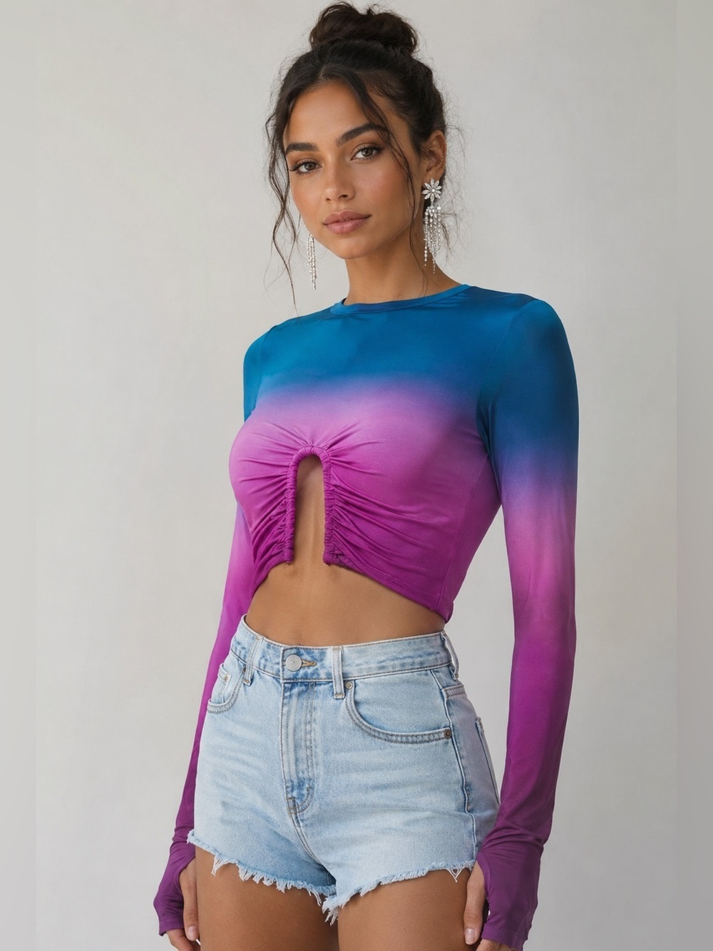 AFRM Crop Top Ombre Long Sleeve Ruched MSRP $99